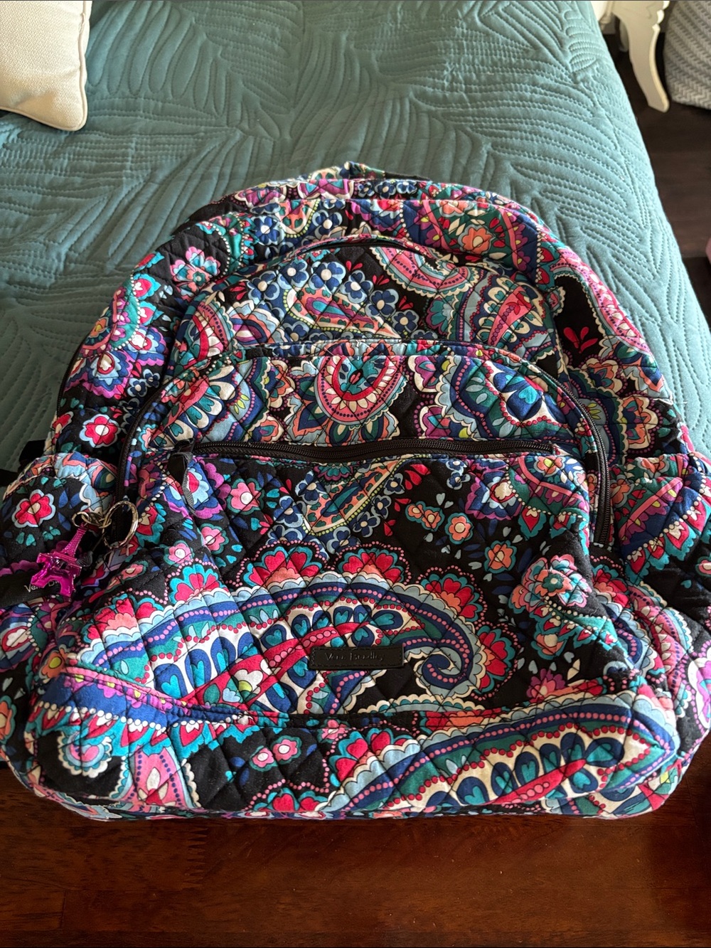 Vera Bradley Black Multi Paisley Quilted Backpack with Teal, Pink & Blue